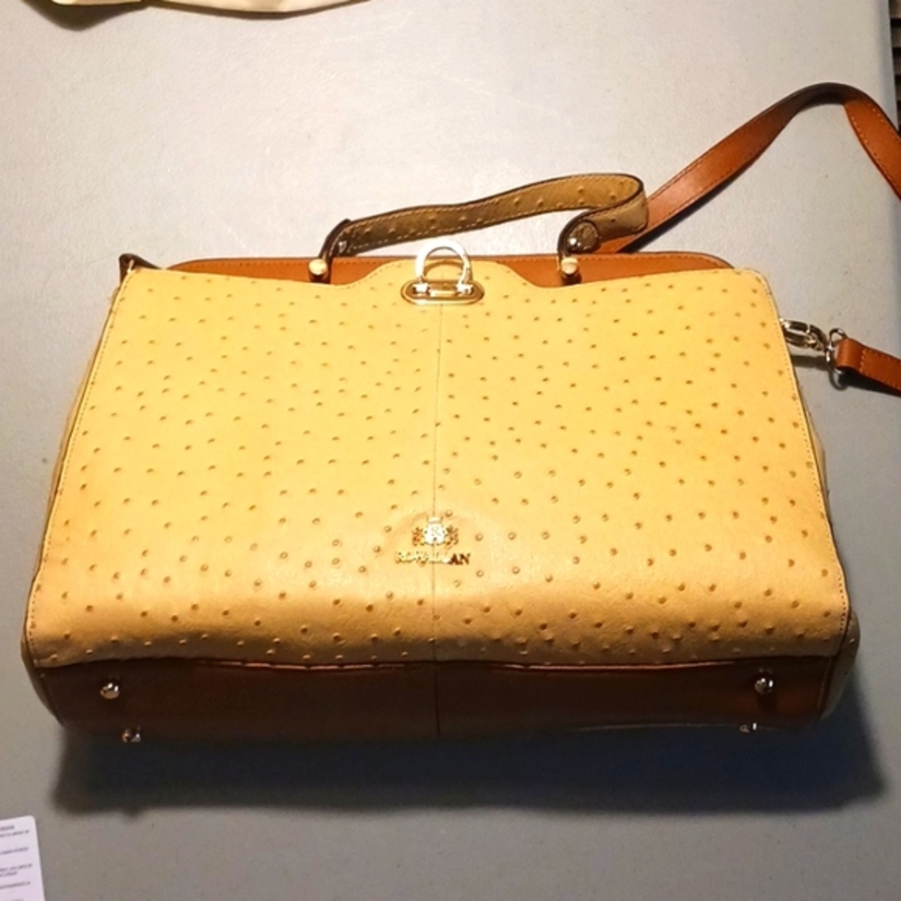 Rare Authentic Rowallan Ostrich Leather Large Handbag Purse Pale Yellow Beige